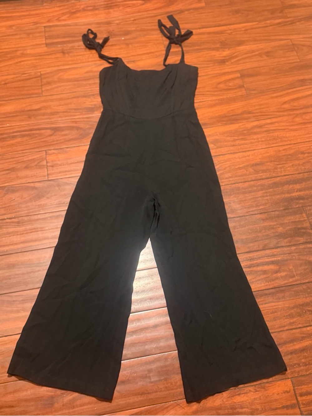 Reformation Black Tie-Shoulder Square-Neck Jumpsuit, Cropped Flare - Picture 4 of 13